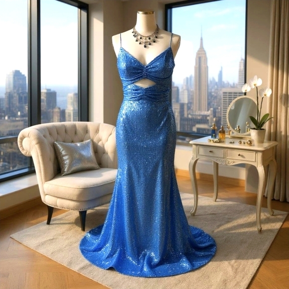 Windsor ✦ Blue Sequin Mermaid Maxi Dress ✦ Sweetheart Cutouts w/ Bungee Straps - Picture 14 of 16